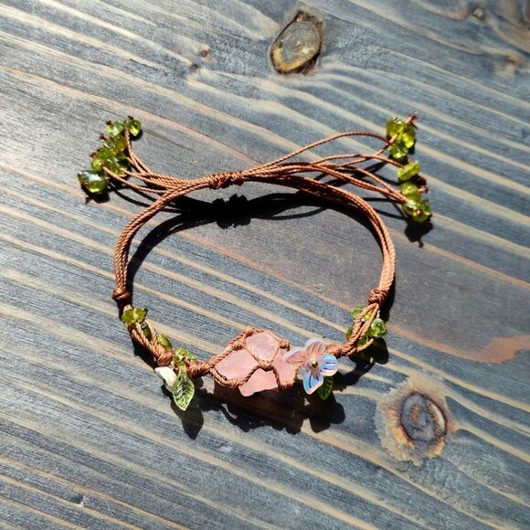 Boho Rose Quartz Garden Bracelet Adjustable Macrame with Pink Crystal Center - Picture 3 of 5